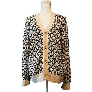 Sandro Men’s Square Cross Jacquard Elegant Black and Cream Cardigan EST Size